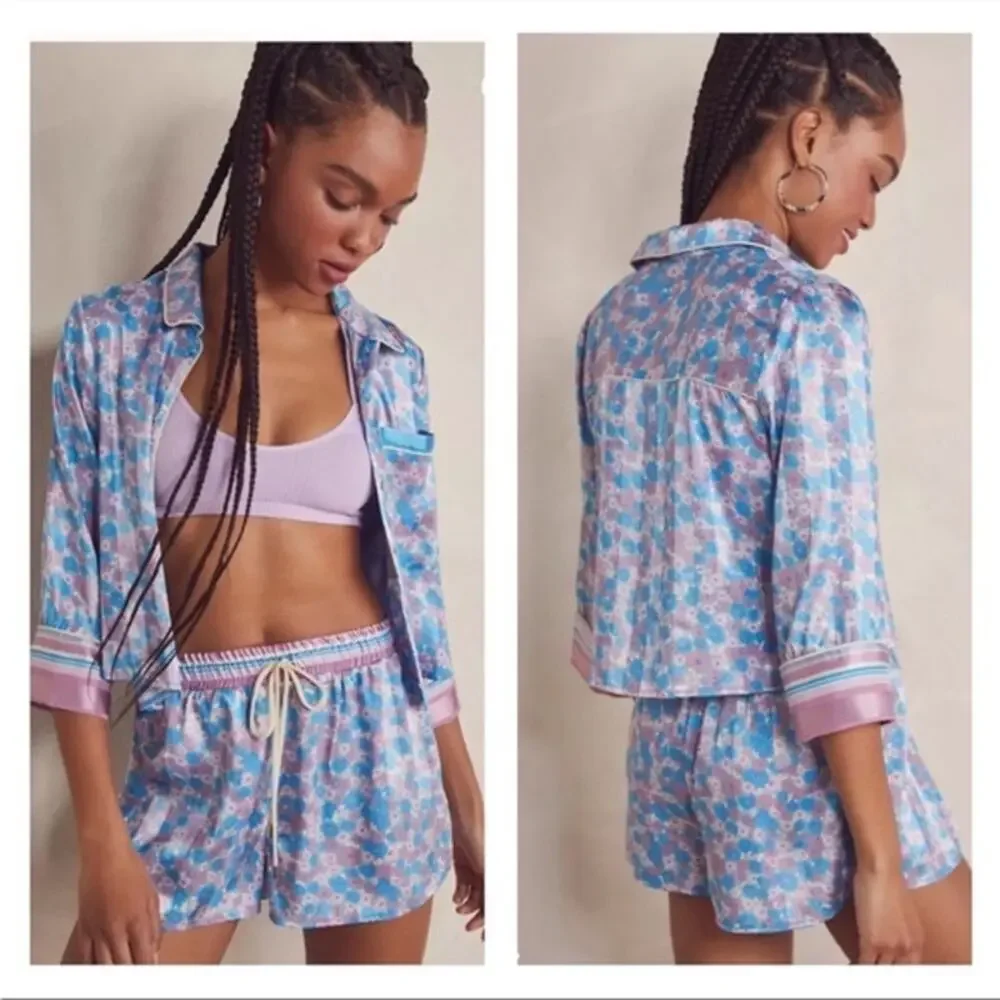 Intimately Free People Pillow Talk Satin Short Pajama Set Large EUC Loungewear